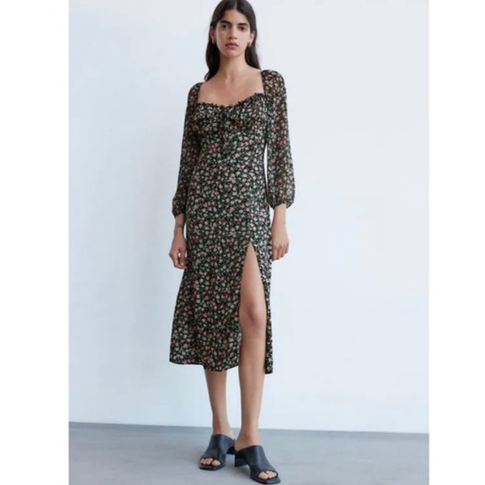 ZARA Floral Midi Dress Sheer Sleeve High Slit Sweetheart Blogger Fav SZ S NEW